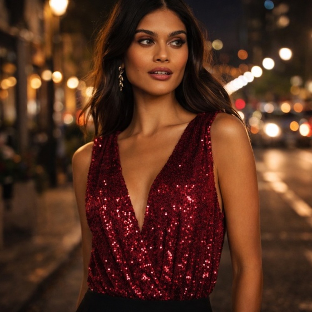 Lulus Women's Evening of Wonder Burgundy Red Sequin Cowl Bodysuit NWT M #1339-A